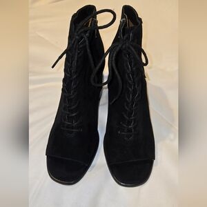 Frye Amy Black Lace Up Suede Open Peep Toe Block Heels Size 8.5